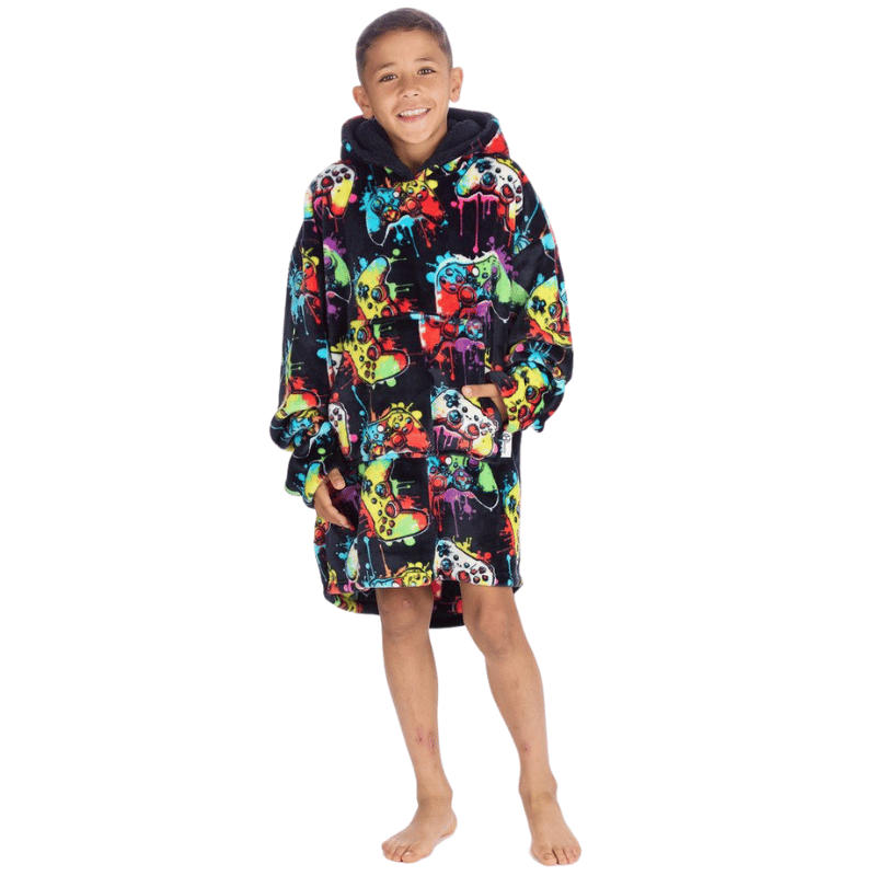 KIDS PLUSH GAMING DESIGN OVERSIZED HUGGABLE HOODIE - NAVY