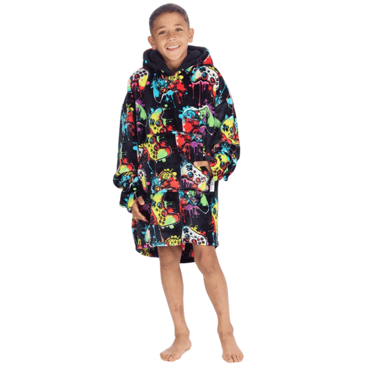 KIDS PLUSH GAMING DESIGN OVERSIZED HUGGABLE HOODIE - NAVY