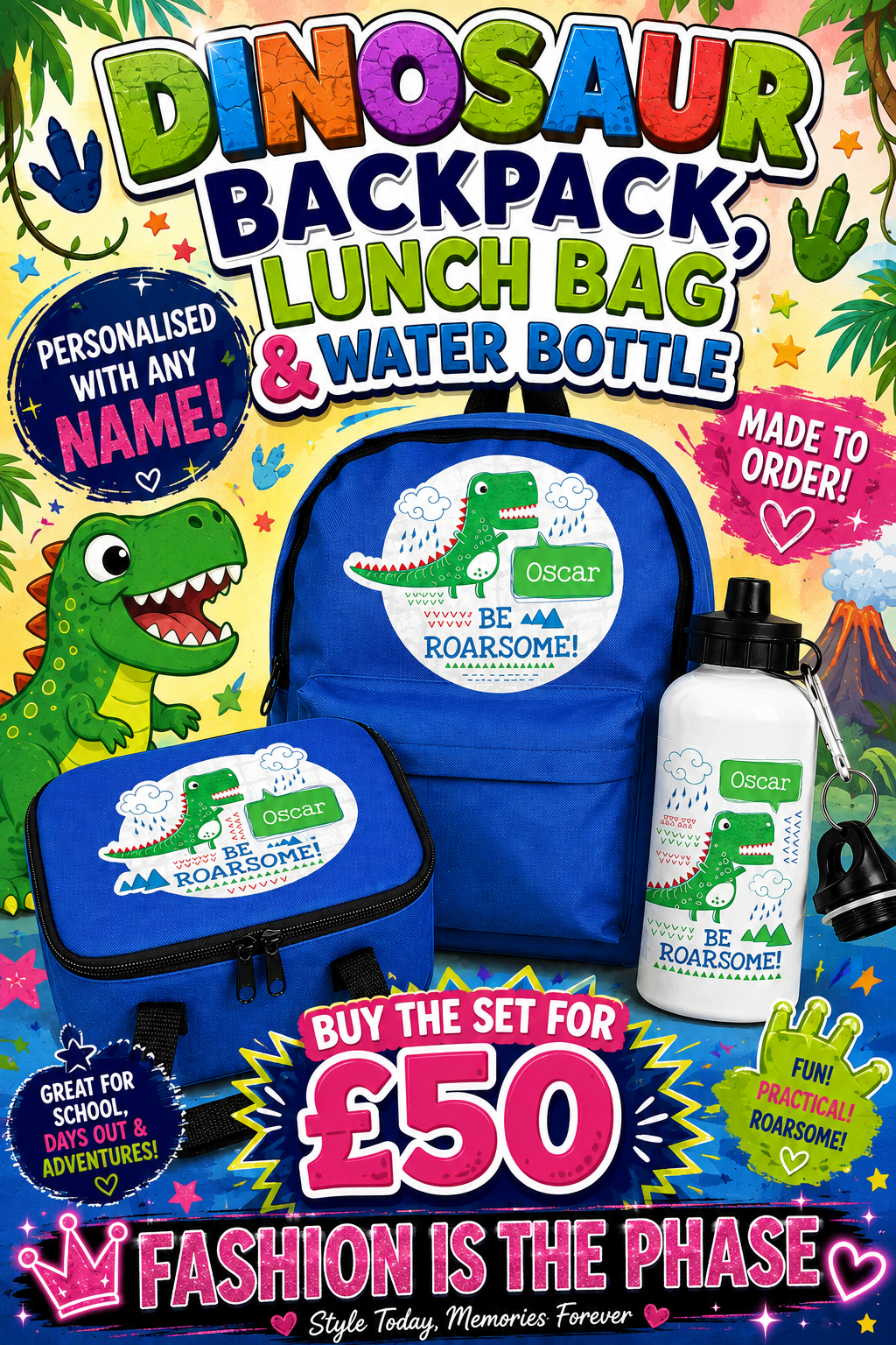 Personalised Dinosaur 3Pcs School Set