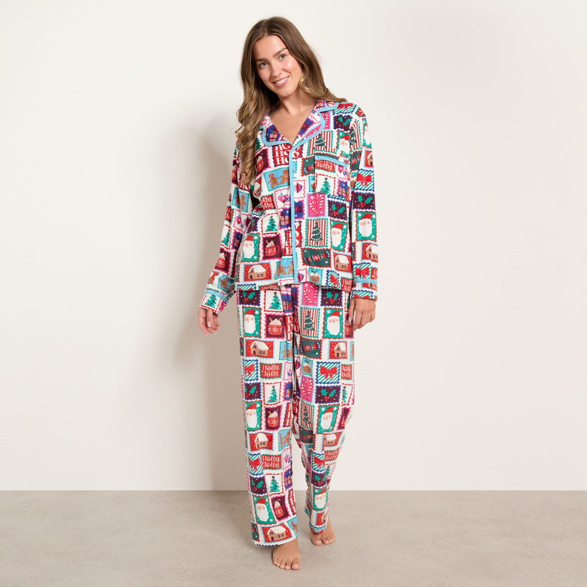 Christmas Postcard Print Matte Velvet Button Through Pyjama Set - Multi