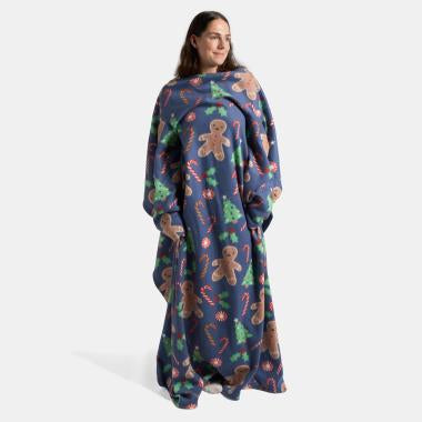 Gingerbread Print Fleece Wearable Blanket - Navy