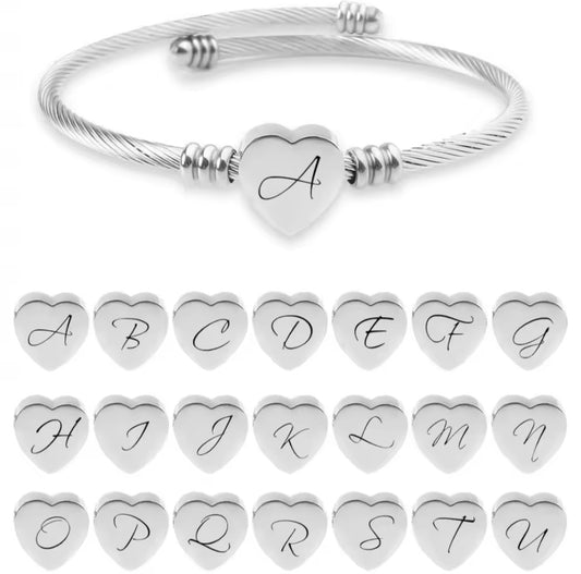 Silver Love Heart Initial Letter Bracelet