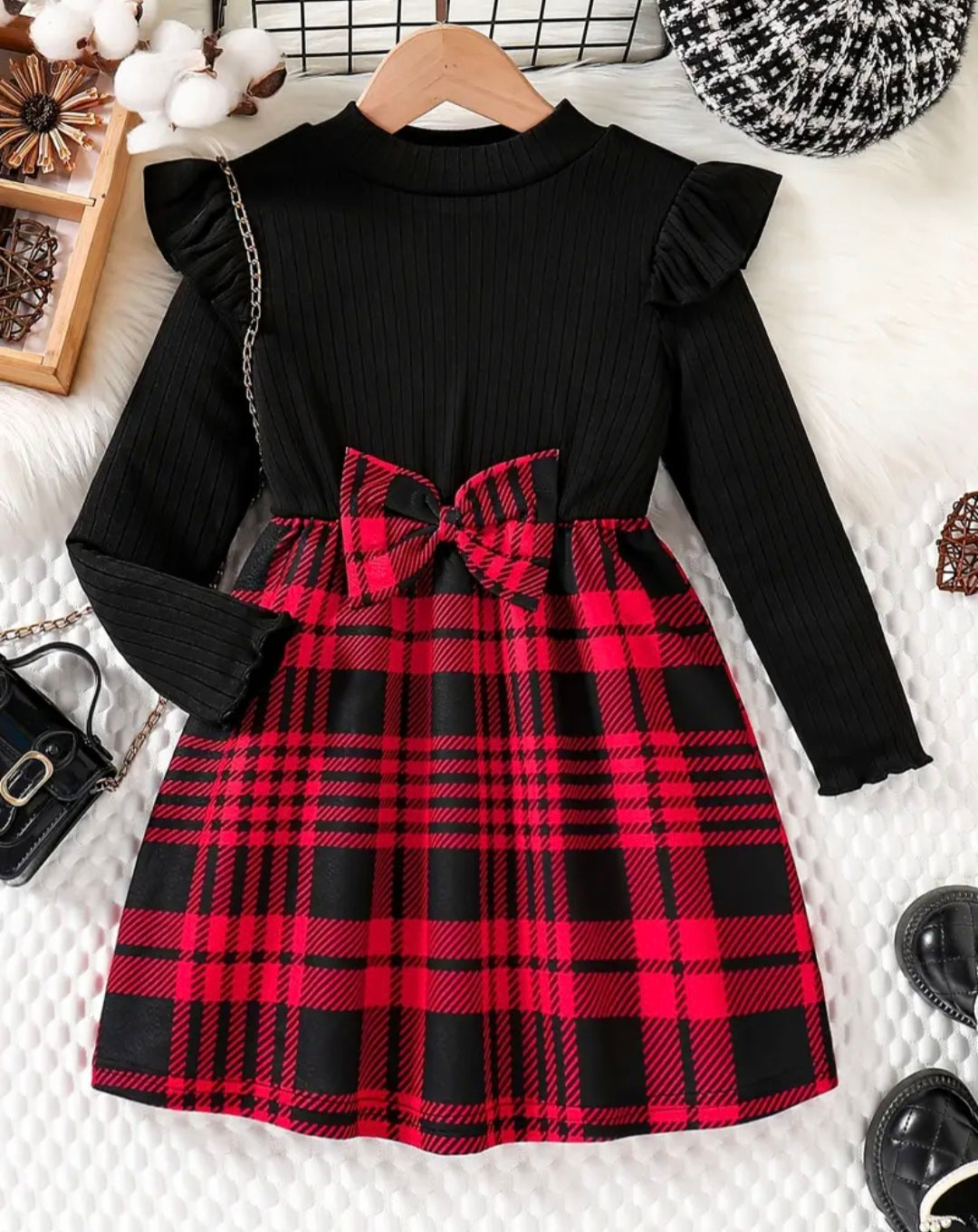 Girls Plaid Bow Spliced Long-Sleeve Dress