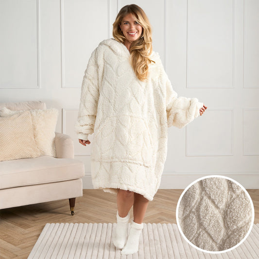 Adults Braided Fleece Hoodie Blanket - Cream