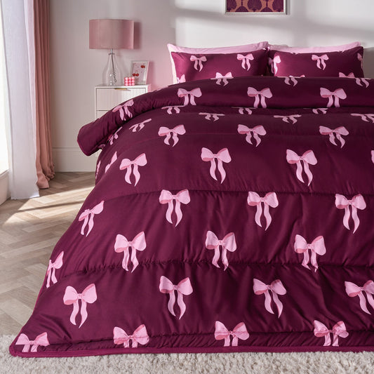 Bow Print Coverless 10.5 Tog Duvet Set - Burgundy