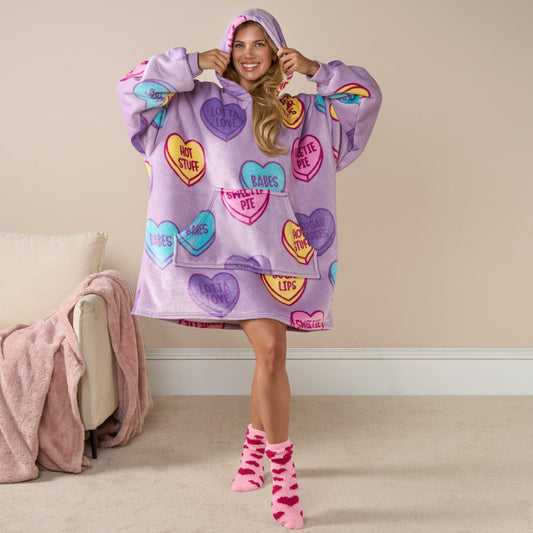 dults Slogan Candy Hearts Hoodie Blanket - Lilac