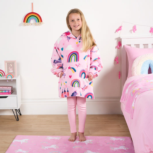 Kids Unicorn & Rainbow Kingdom Print Hoodie Blanket - Pink