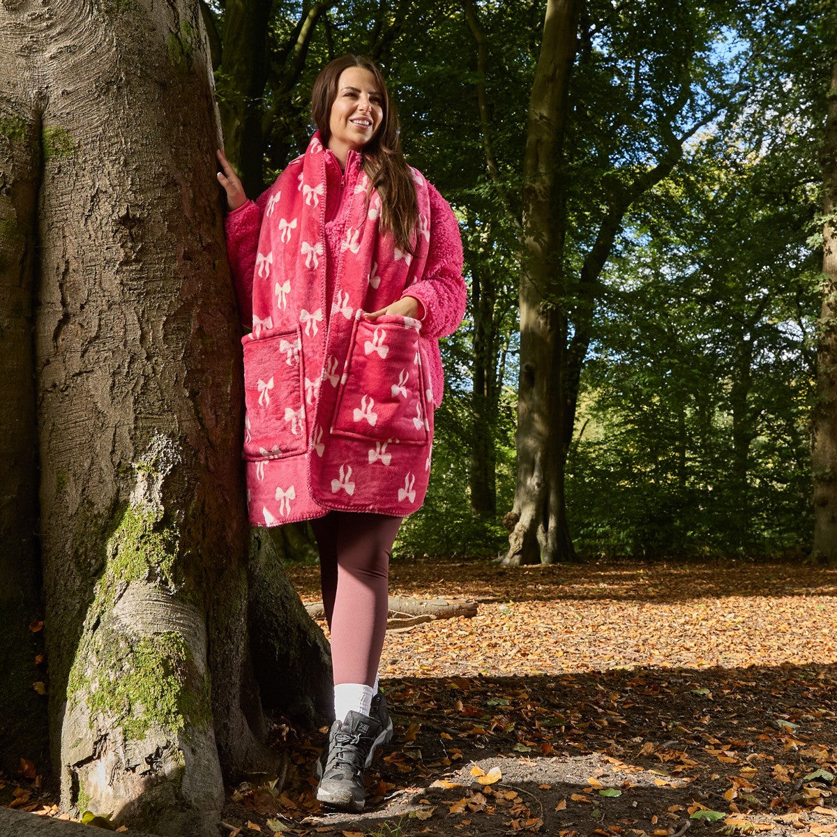 Bow Print Fleece Pocket Scarf - Hot Pink