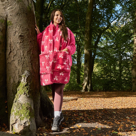 Bow Print Fleece Pocket Scarf - Hot Pink