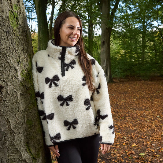 Teddy Bow Print Half Zip Fleece - Monochrome