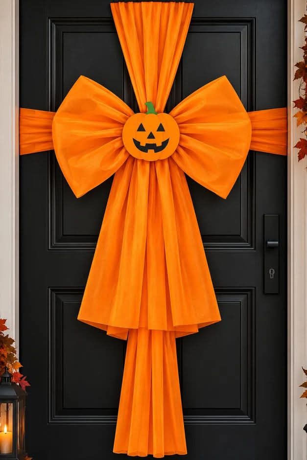 Orange pumpkin halloween door bow