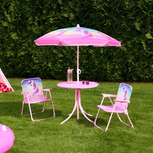 Kids Unicorn Print Bistro Set with Parasol - Pink