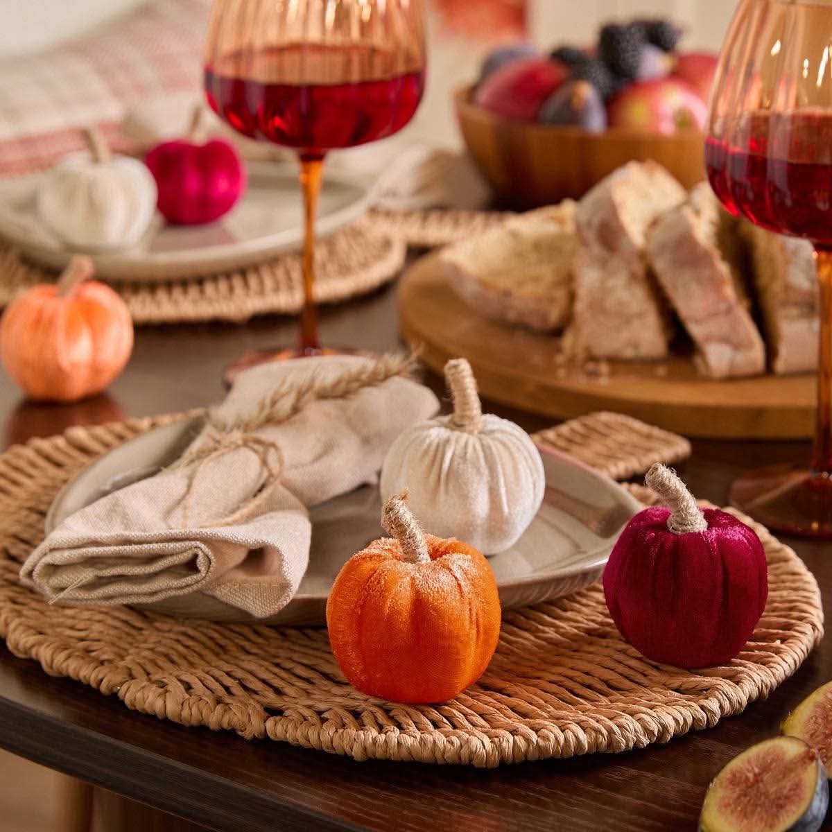 6 pack decorative velvet pumpkins - multi