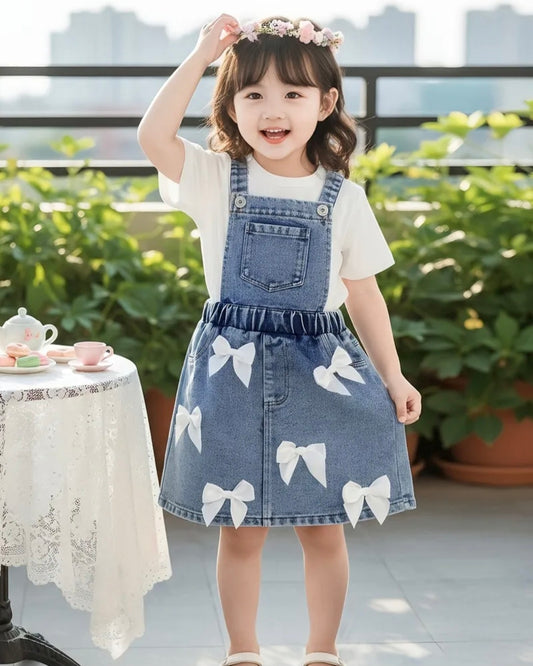 Girl's Dress with a White Bow Pattern Design and Adjustable Straps