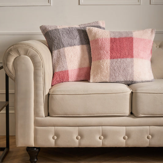 2 Pack Gingham Check Teddy Cushion Covers - Blush