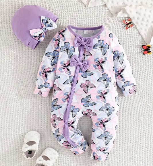Adorable Butterfly Print Long-Sleeve Romper