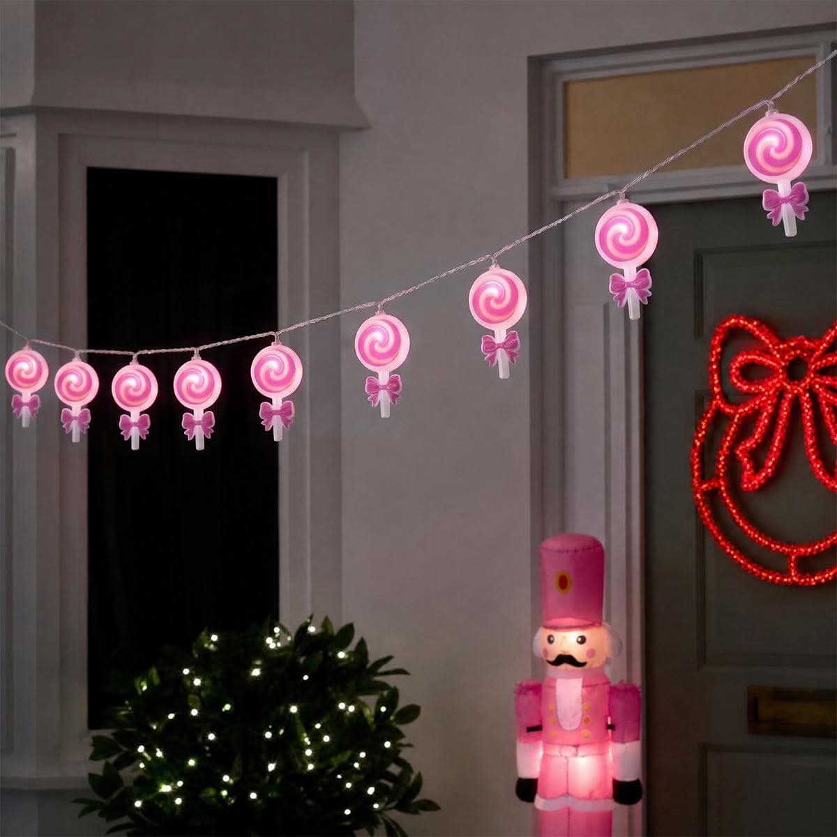 10 pack bow lollipop string lights - hot pink/white
