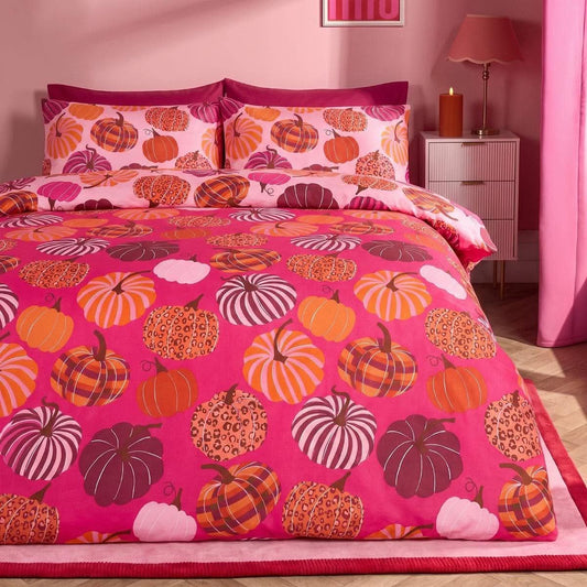 Pumpkin print reversible duvet cover set - hot pink