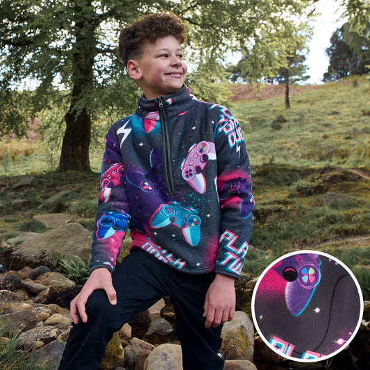 Kids Neon Gaming Print Half Zip Fleece - Purple