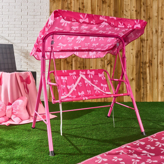 Kids Bow Print Swing Bench with Canopy