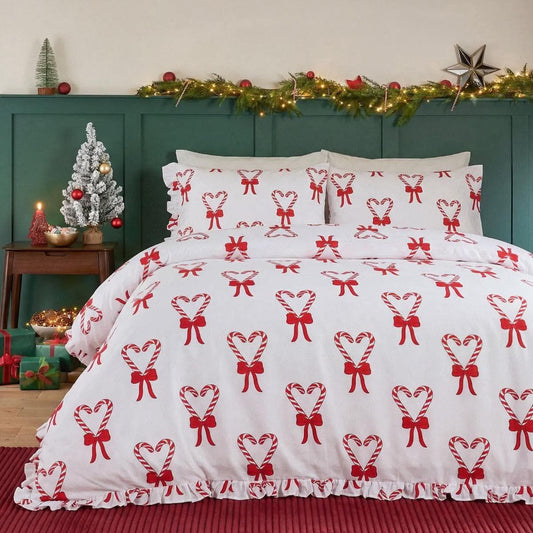 Candy cane heart print frill edge duvet cover set - white/red