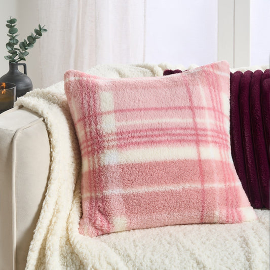 2 Pack Winter Check Teddy Cushion Covers - Blush