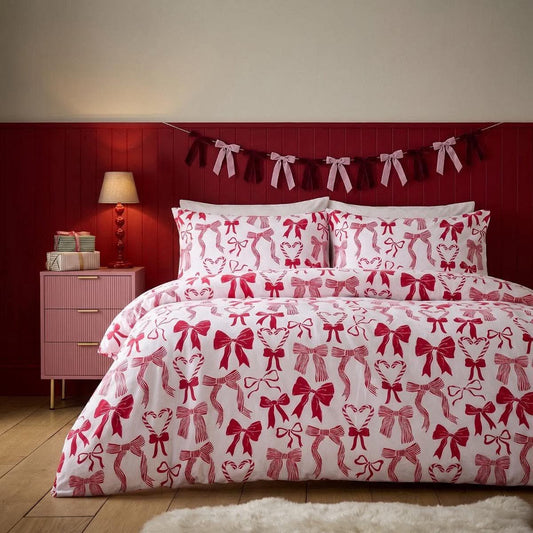 Bow print brushed cotton flannelette duvet cover set - white/red