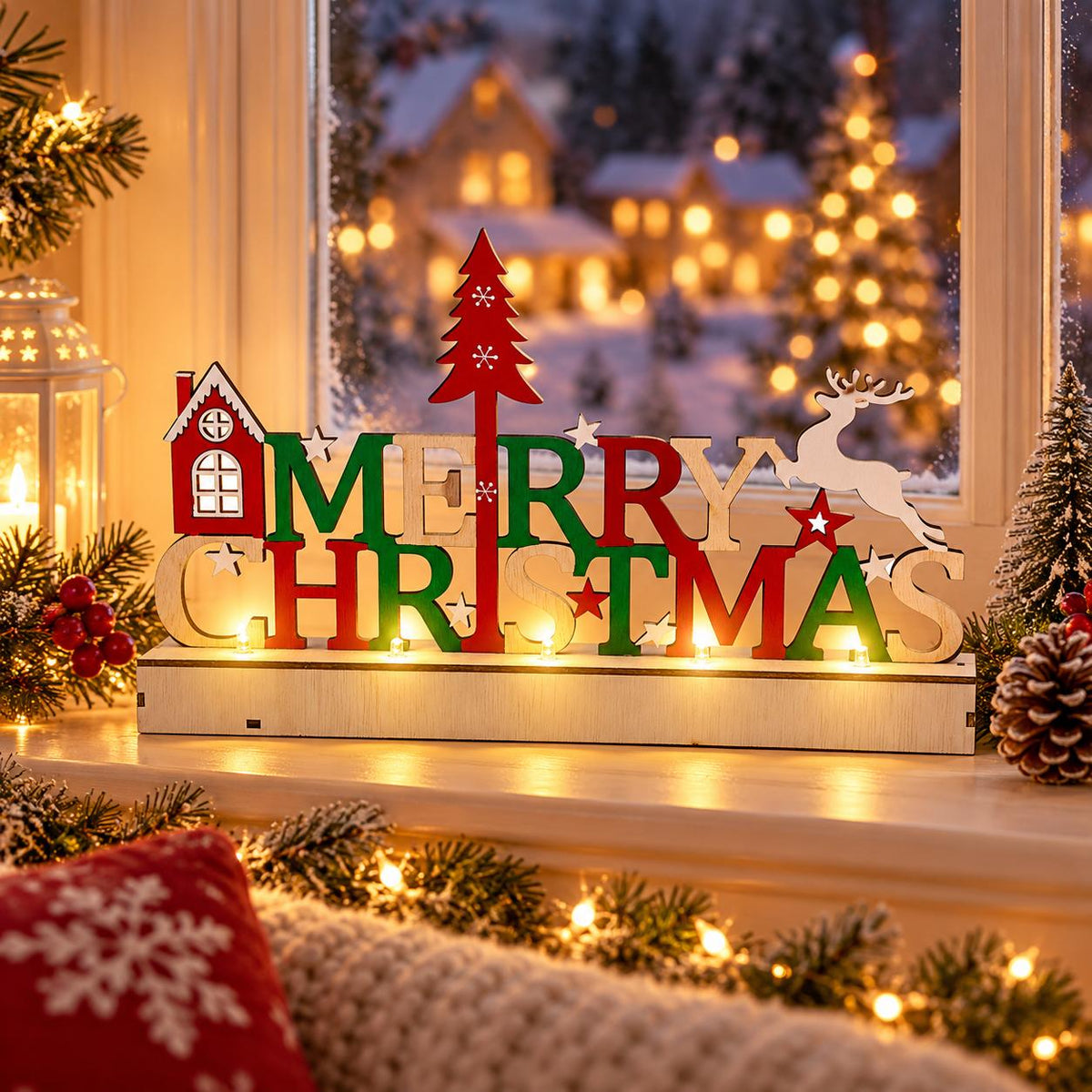 Coloured Merry Christmas light up wooden sign