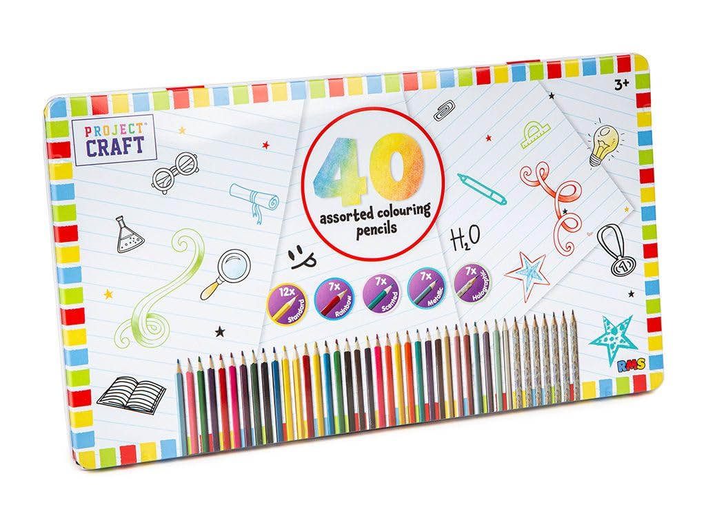 40 assorted colouring pencils set in metal storage tin