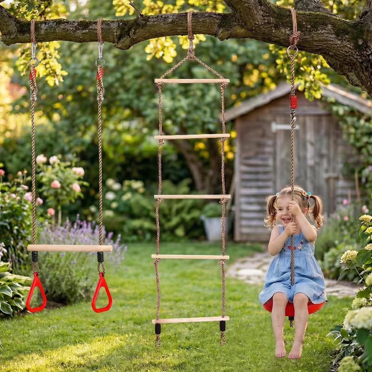 3-in-1 Garden swing seat, rope ladder & trapeze set