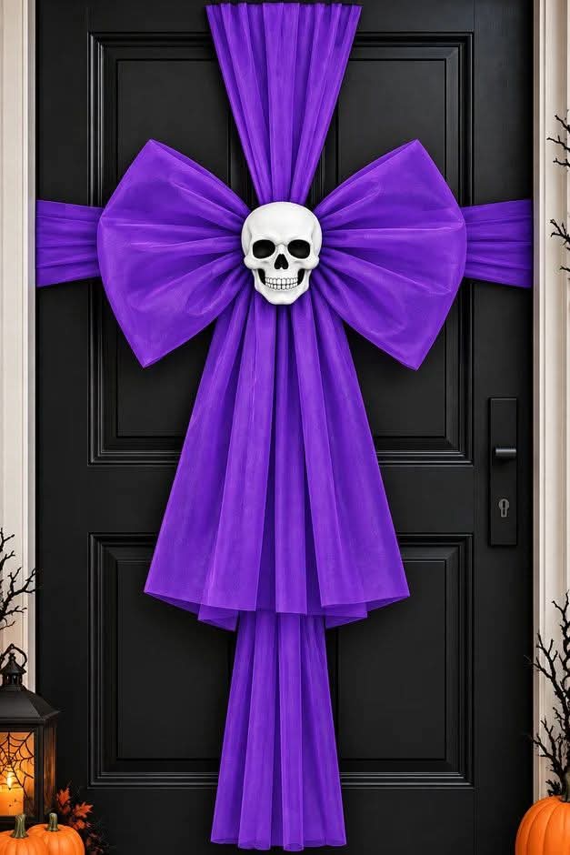 Purple skeleton halloween door bow