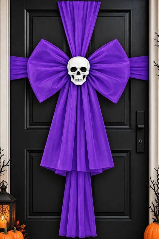 Purple skeleton halloween door bow