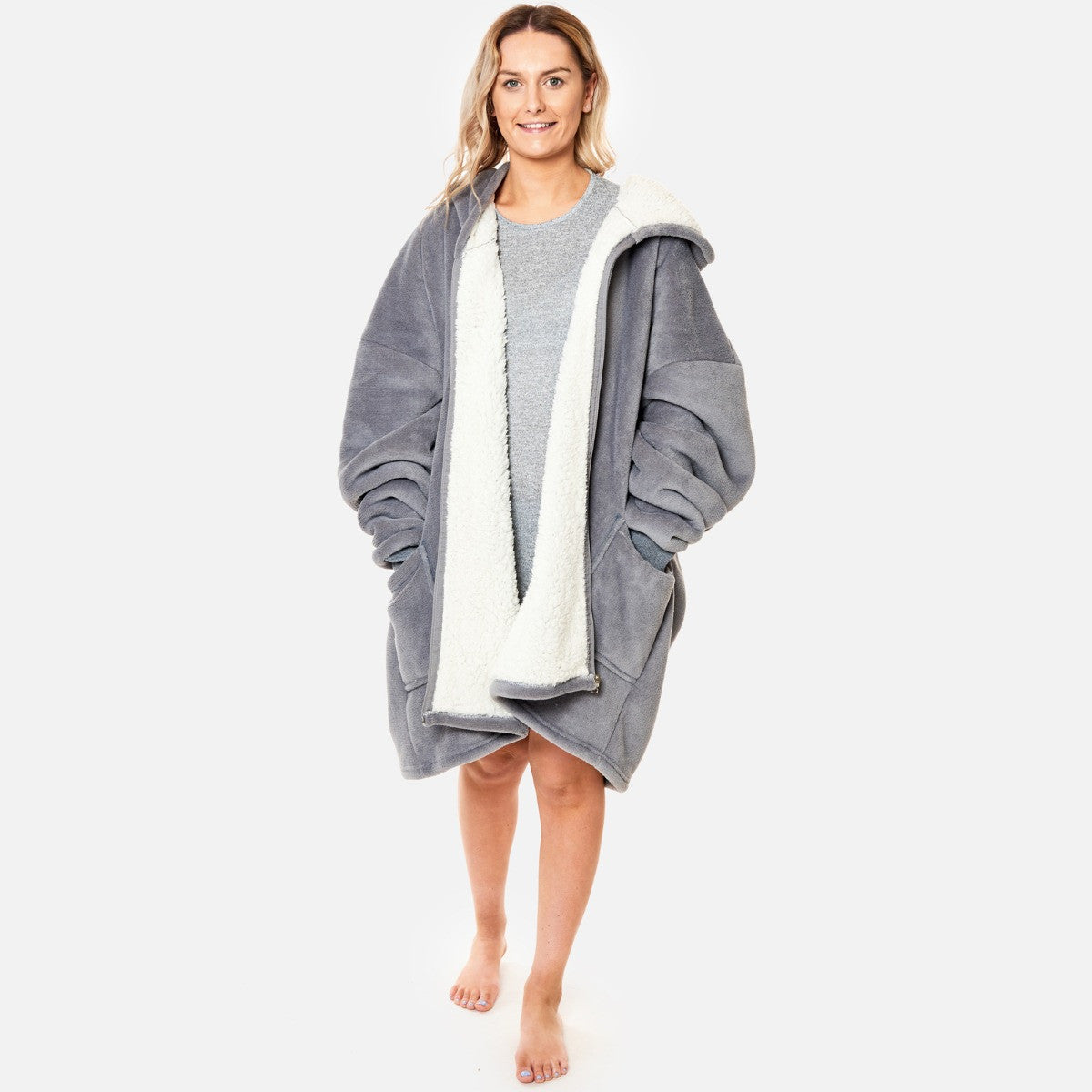 Sherpa Zip Up Hoodie Blanket, Adults - Charcoal Grey
